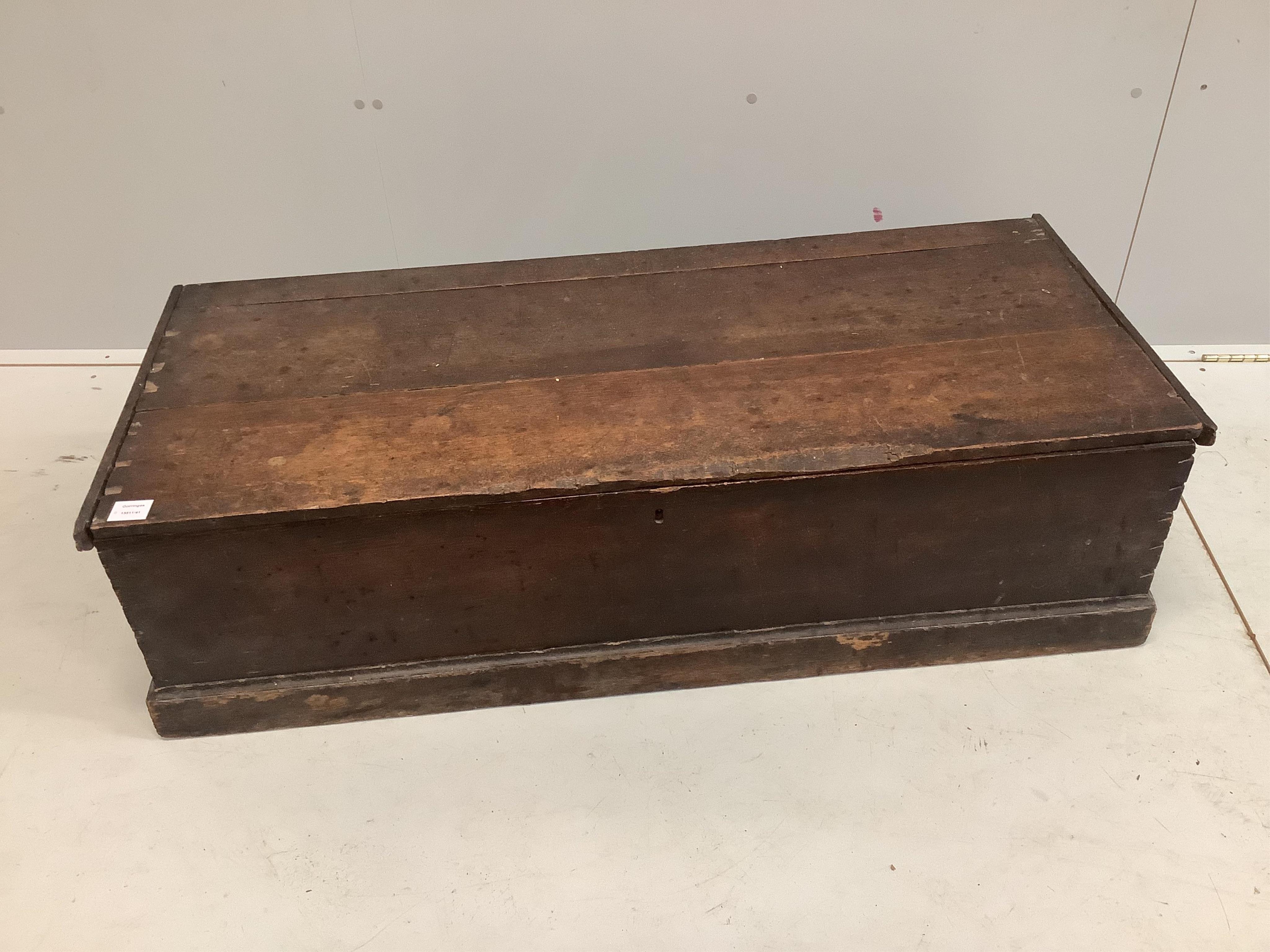 A 19th century mahogany trunk width 124cm, depth 52cm, height 33cm. Condition - poor